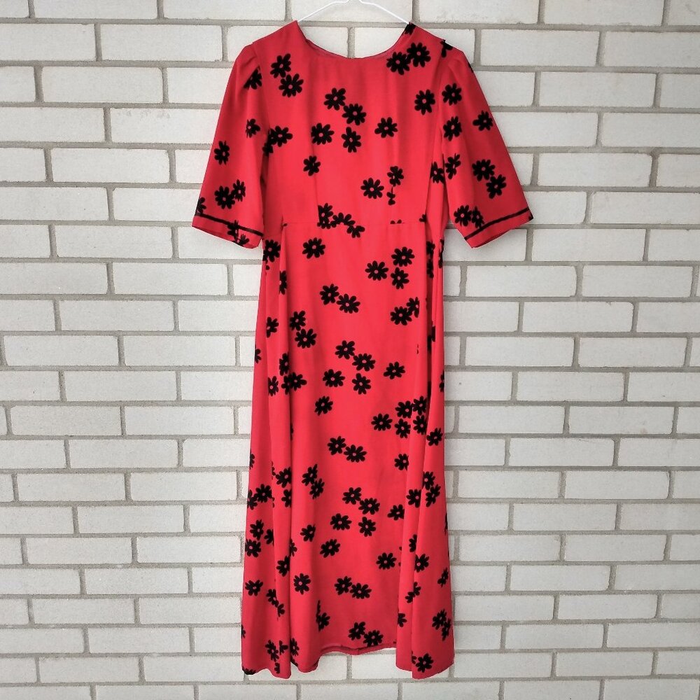 Handmade Mennonite Cape Dress 37" Bust Size Medium Red Black Floral Modest